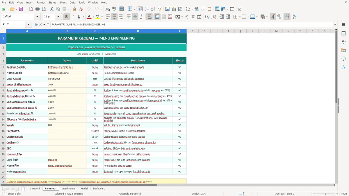 Screenshot 2: Foglio Parametri - Modello Excel menu engineering excel