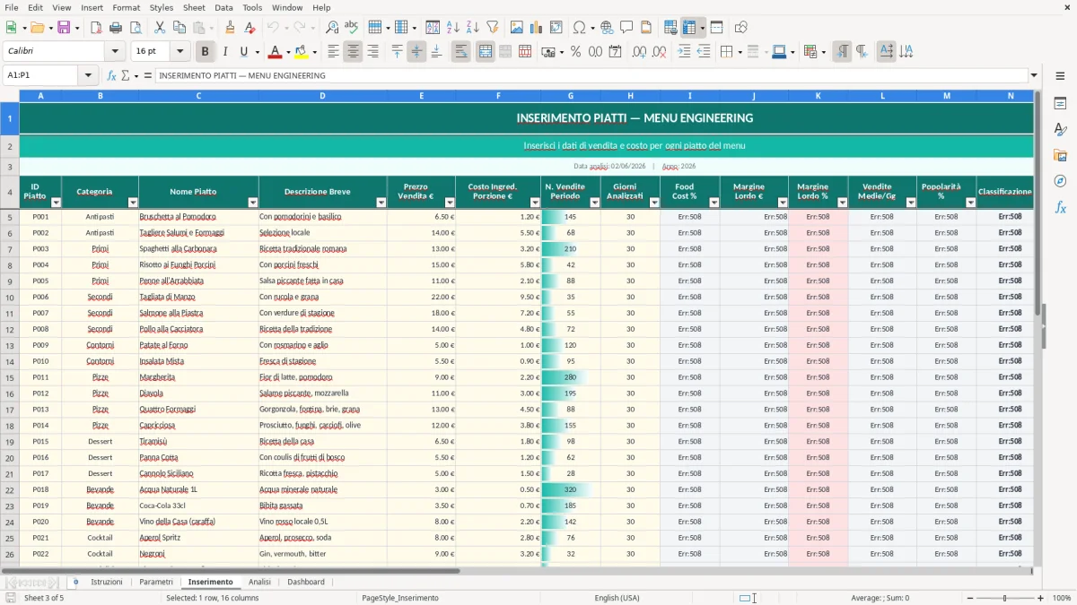 Screenshot 3: Foglio Inserimento - Modello Excel menu engineering excel