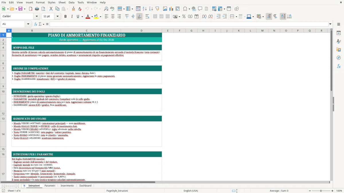 Screenshot 1: Foglio Istruzioni - Modello Excel piano ammortamento excel