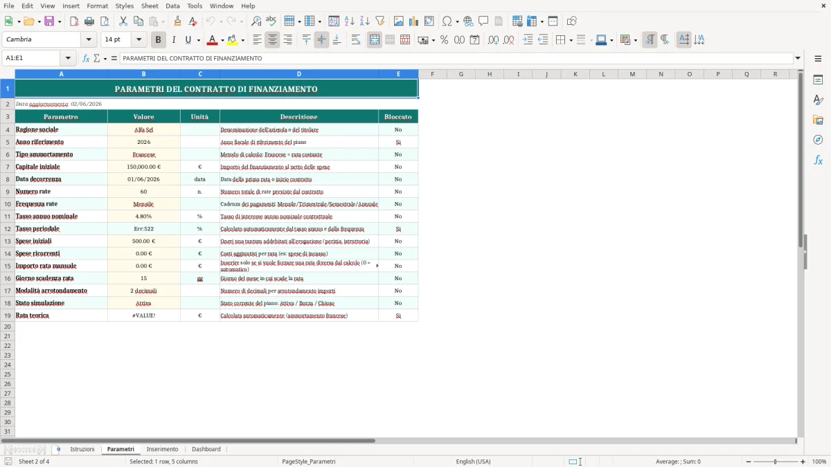 Screenshot 2: Foglio Parametri - Modello Excel piano ammortamento excel