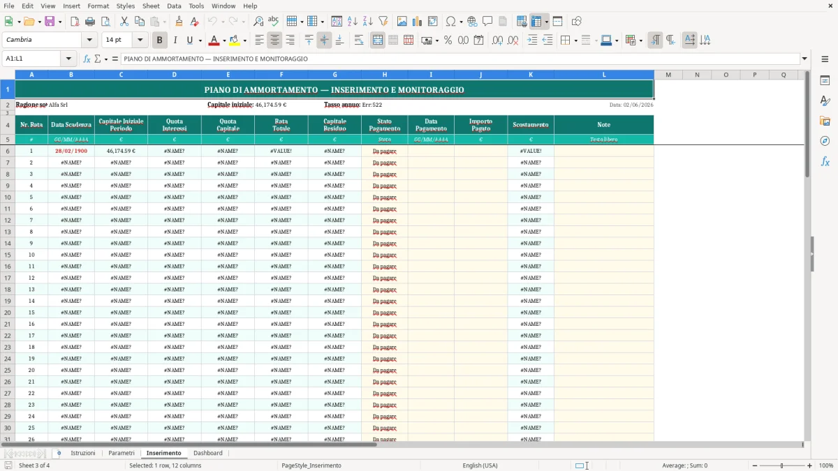 Screenshot 3: Foglio Inserimento - Modello Excel piano ammortamento excel