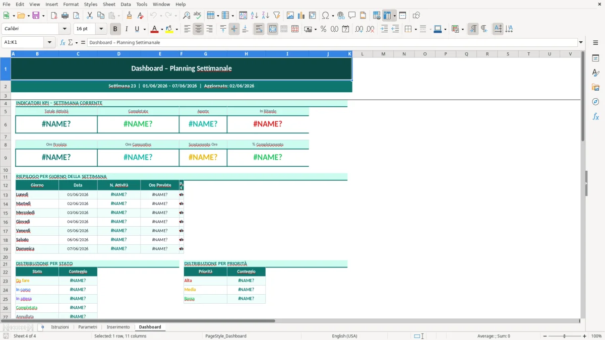 Screenshot 1: Foglio Istruzioni - Modello Excel planning settimanale excel