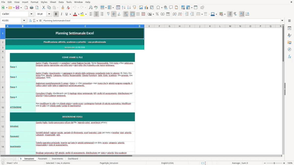Screenshot 2: Foglio Parametri - Modello Excel planning settimanale excel