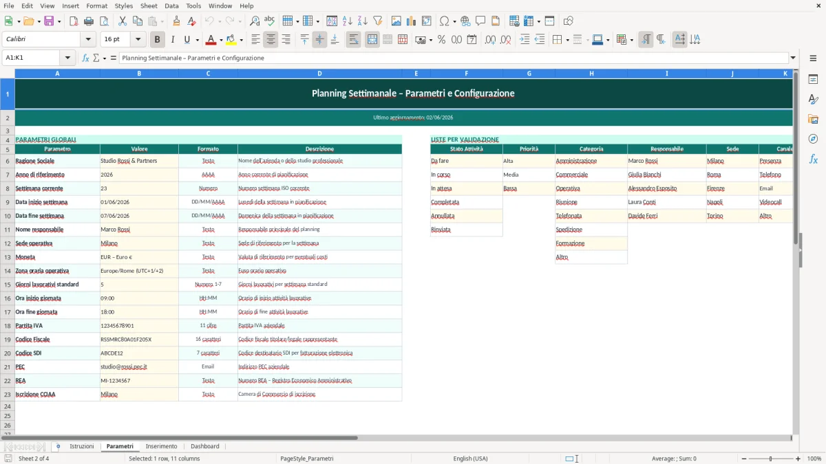 Screenshot 3: Foglio Inserimento - Modello Excel planning settimanale excel