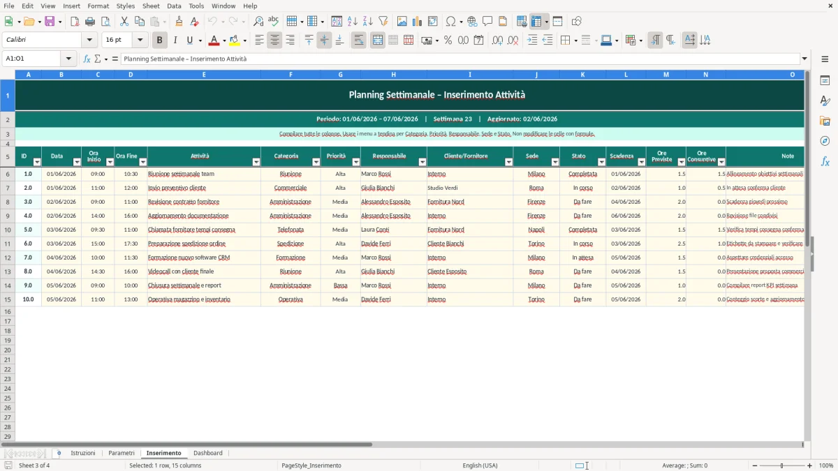 Screenshot 4: Foglio Dashboard - Modello Excel planning settimanale excel
