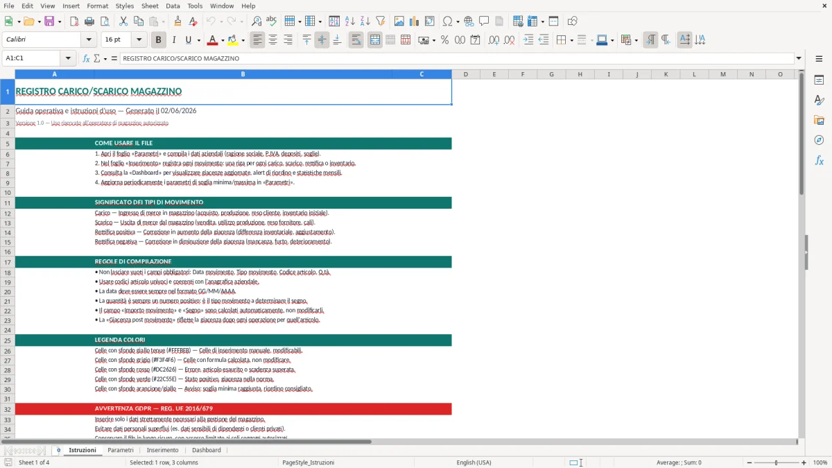 Screenshot 1: Foglio Istruzioni - Modello Excel registro carico scarico magazzino excel