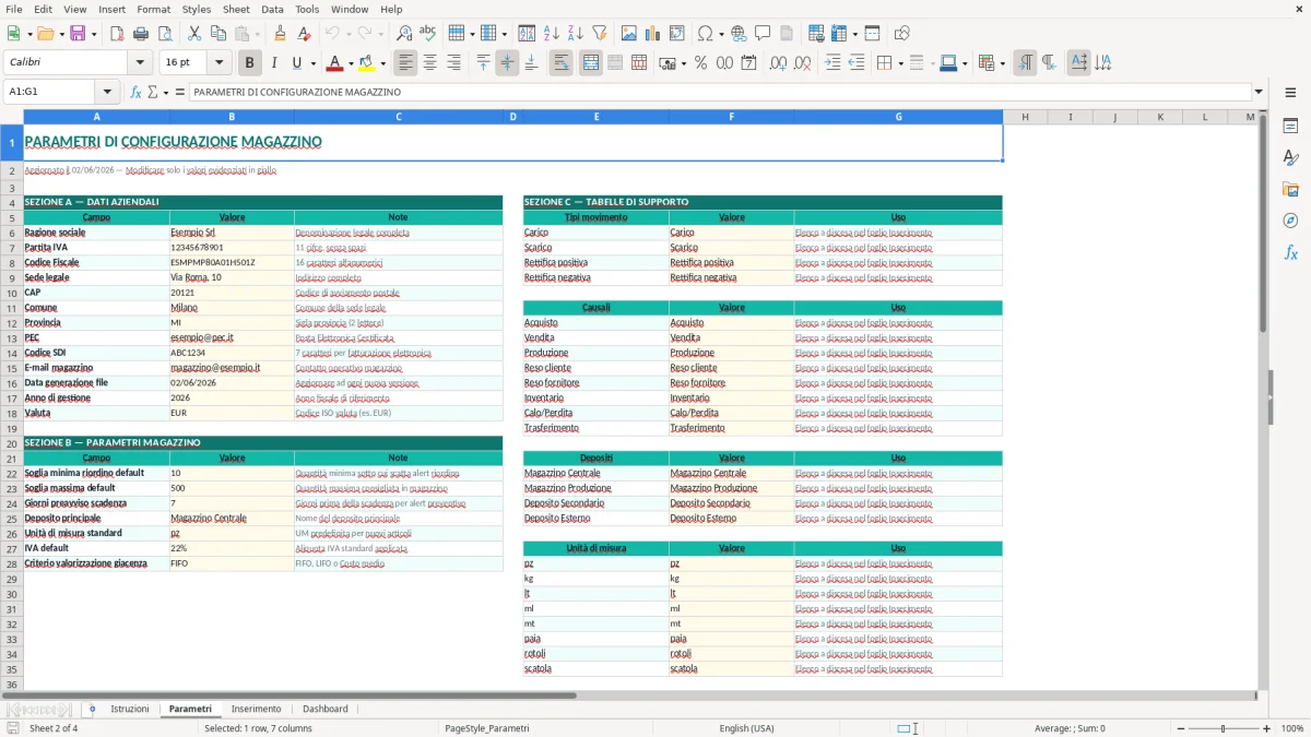 Screenshot 2: Foglio Parametri - Modello Excel registro carico scarico magazzino excel