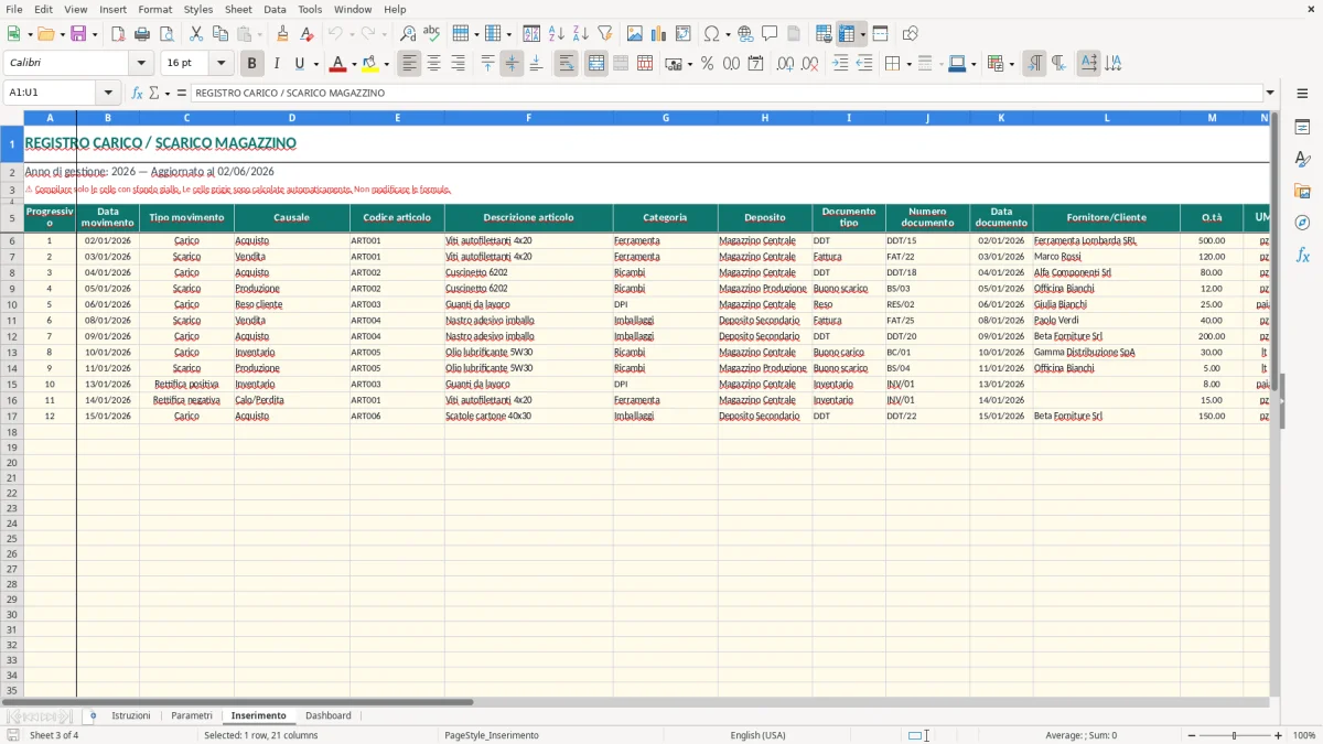 Screenshot 3: Foglio Inserimento - Modello Excel registro carico scarico magazzino excel
