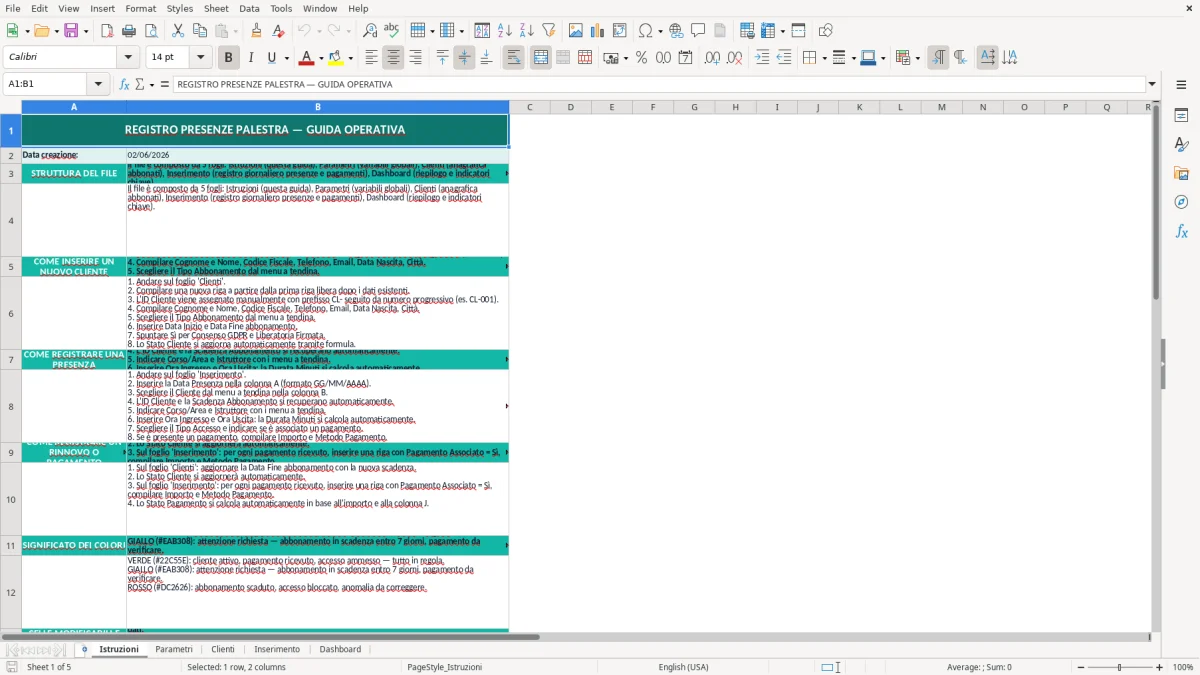 Screenshot 1: Foglio Istruzioni - Modello Excel registro presenze palestra excel