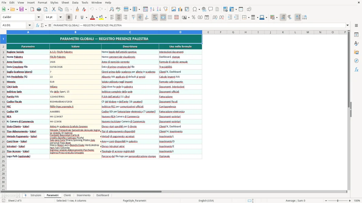 Screenshot 2: Foglio Parametri - Modello Excel registro presenze palestra excel