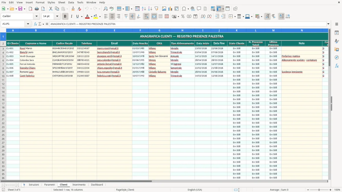 Screenshot 3: Foglio Clienti - Modello Excel registro presenze palestra excel