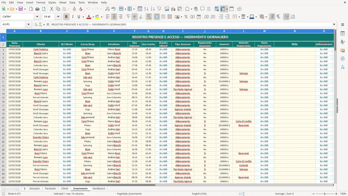 Screenshot 4: Foglio Inserimento - Modello Excel registro presenze palestra excel