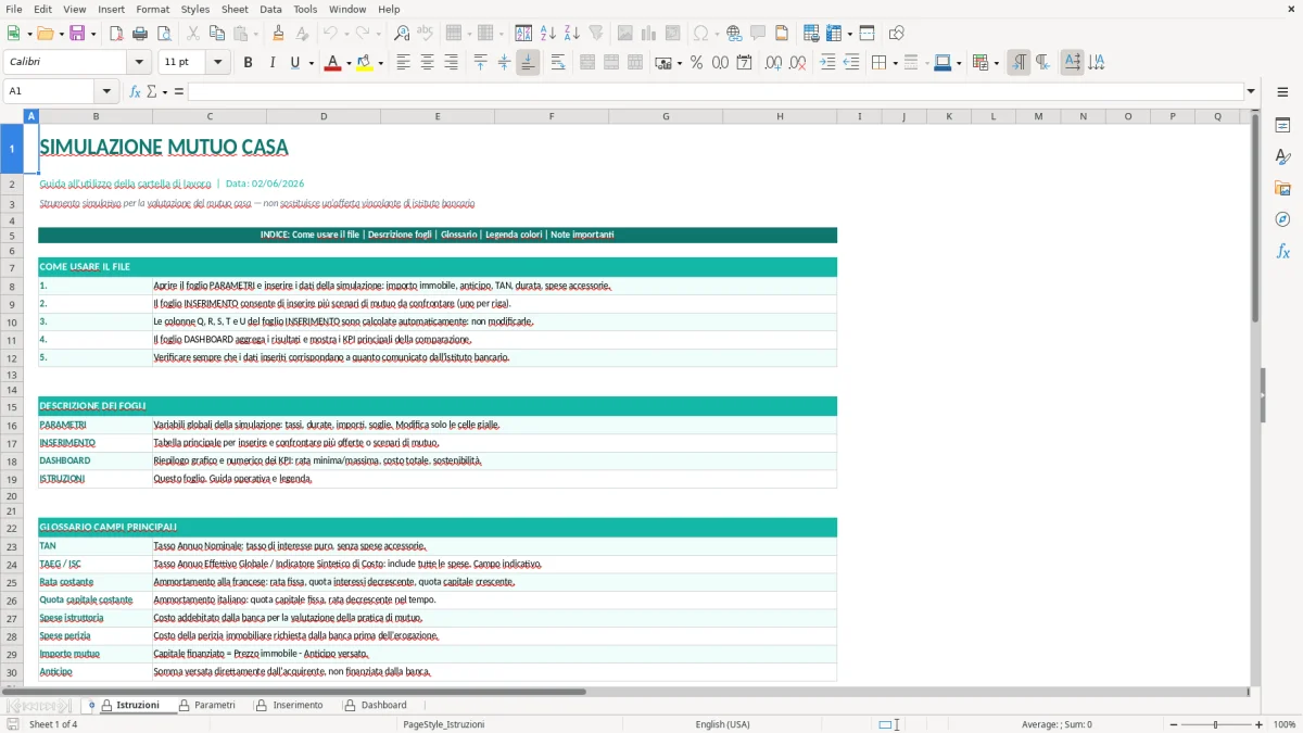 Screenshot 1: Foglio Istruzioni - Modello Excel simulazione mutuo casa excel