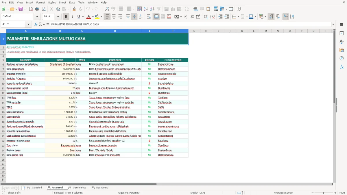 Screenshot 2: Foglio Parametri - Modello Excel simulazione mutuo casa excel