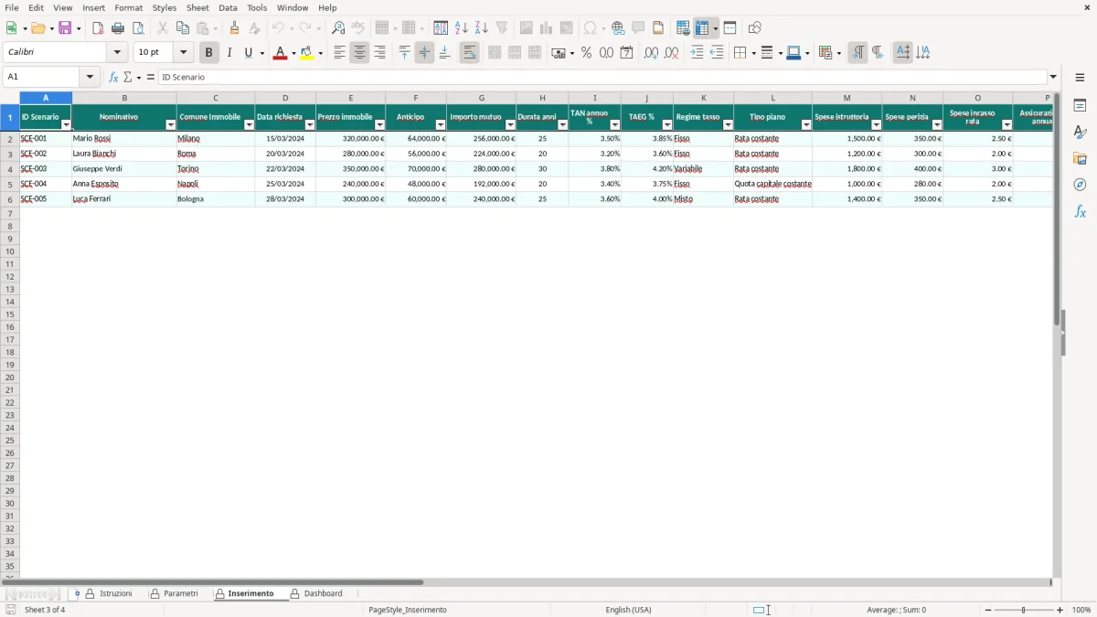 Screenshot 3: Foglio Inserimento - Modello Excel simulazione mutuo casa excel