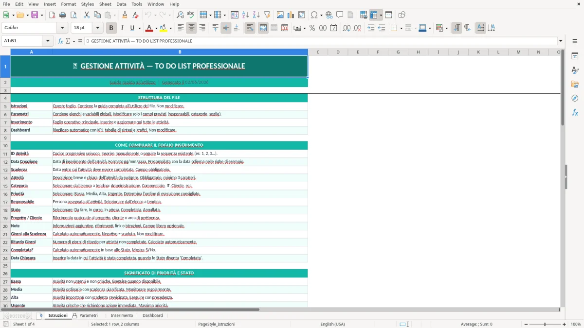 Screenshot 1: Foglio Istruzioni - Modello Excel to do list excel