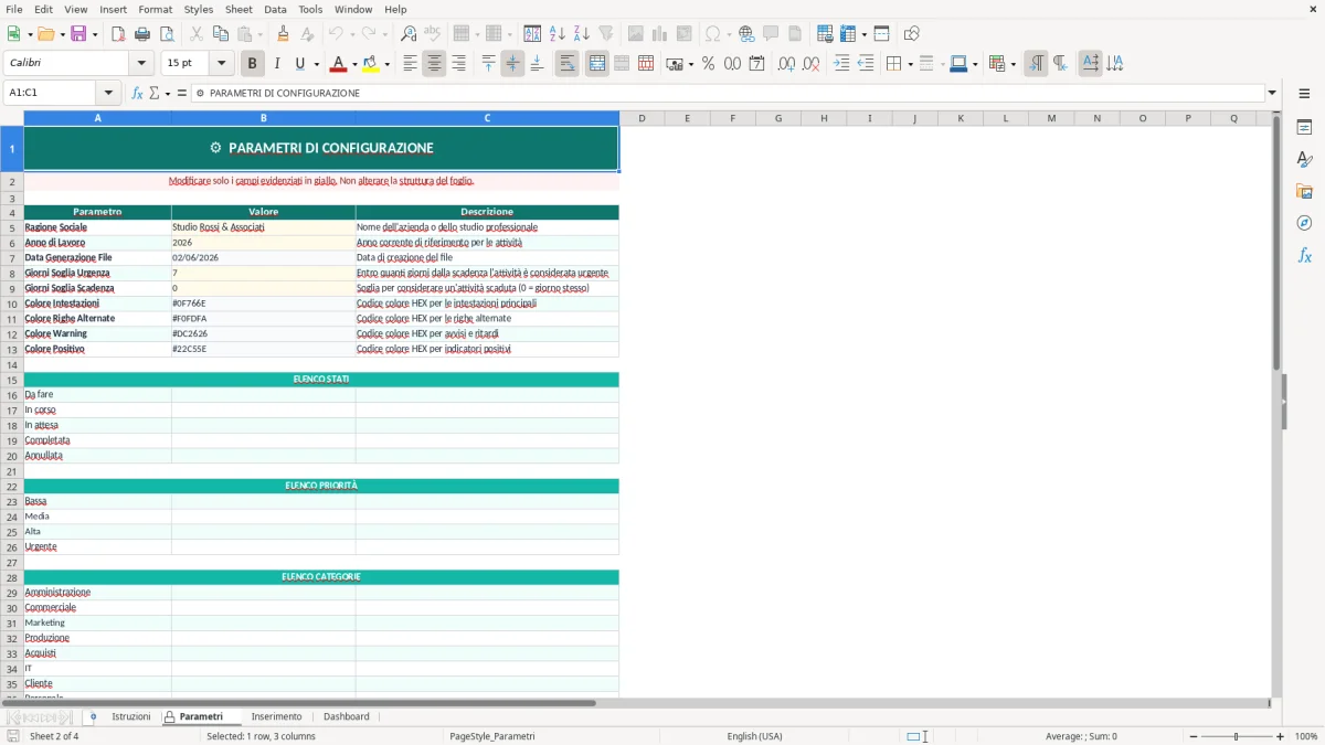 Screenshot 2: Foglio Parametri - Modello Excel to do list excel