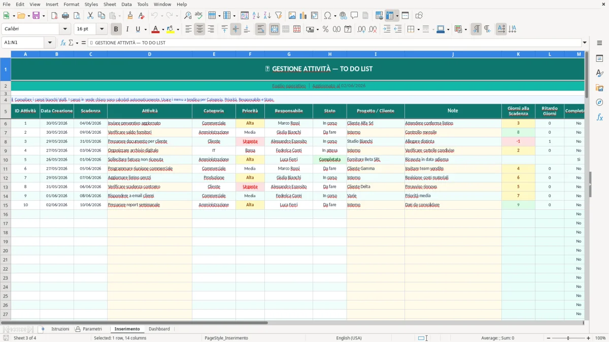 Screenshot 3: Foglio Inserimento - Modello Excel to do list excel