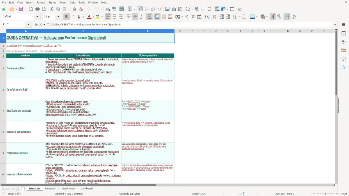 Screenshot 1: Foglio Istruzioni - Modello Excel valutazione performance dipendenti excel