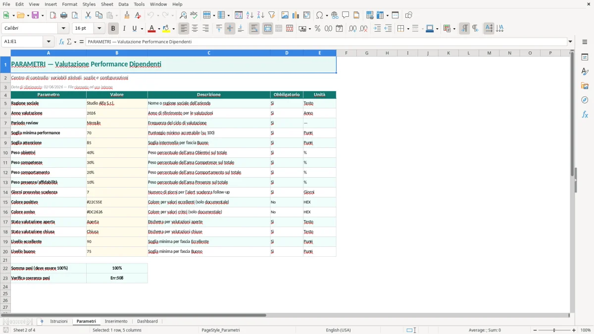 Screenshot 2: Foglio Parametri - Modello Excel valutazione performance dipendenti excel