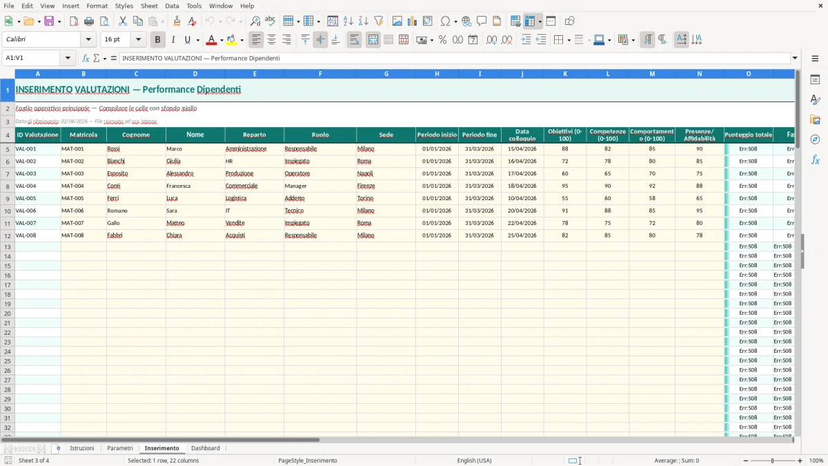 Screenshot 3: Foglio Inserimento - Modello Excel valutazione performance dipendenti excel