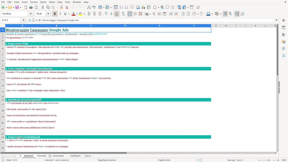 Screenshot 1: Foglio Istruzioni - Modello Excel monitoraggio campagne google ads excel