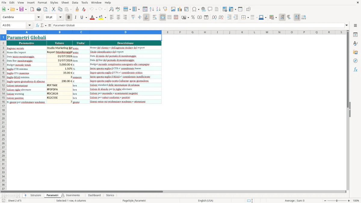 Screenshot 2: Foglio Parametri - Modello Excel monitoraggio campagne google ads excel