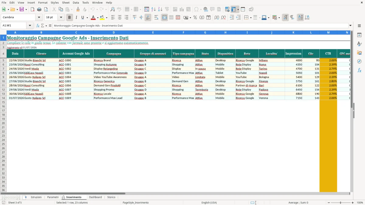 Screenshot 3: Foglio Inserimento - Modello Excel monitoraggio campagne google ads excel