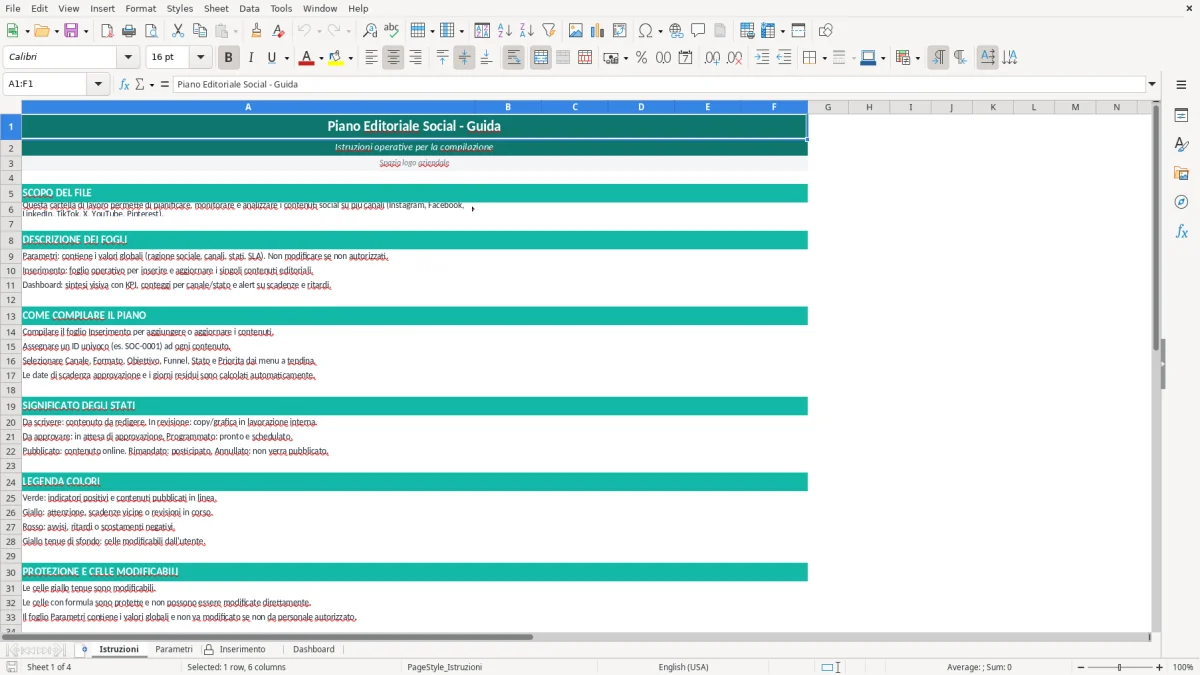 Screenshot 1: Foglio Istruzioni - Modello Excel piano editoriale social excel