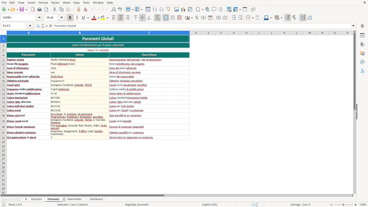 Screenshot 2: Foglio Parametri - Modello Excel piano editoriale social excel