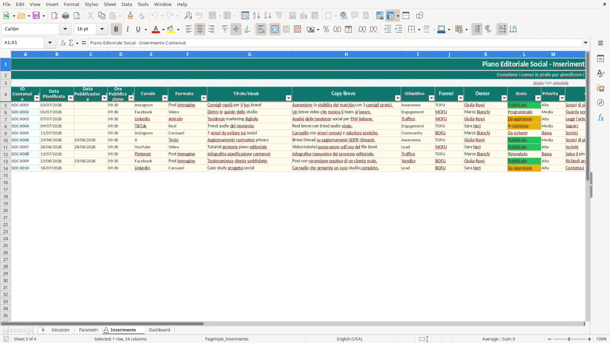 Screenshot 3: Foglio Inserimento - Modello Excel piano editoriale social excel