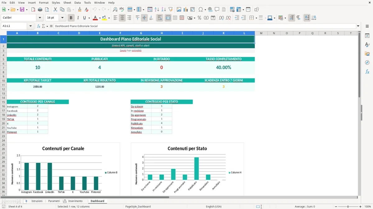 Screenshot 4: Foglio Dashboard - Modello Excel piano editoriale social excel
