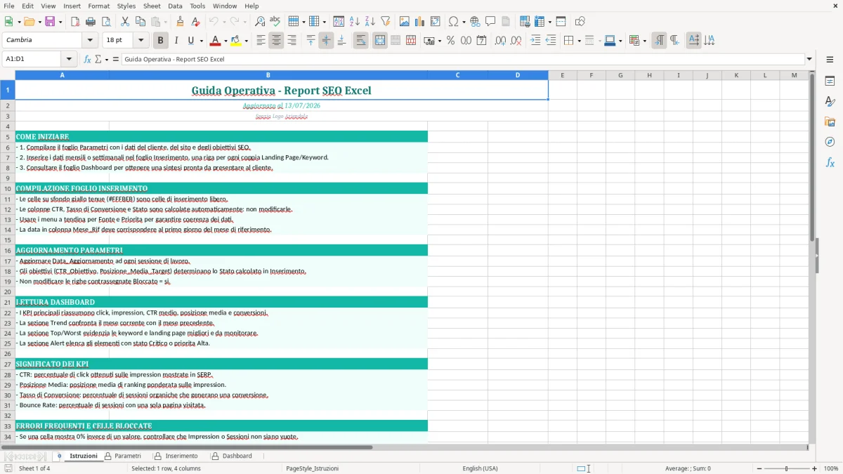 Screenshot 1: Foglio Istruzioni - Modello Excel report seo excel