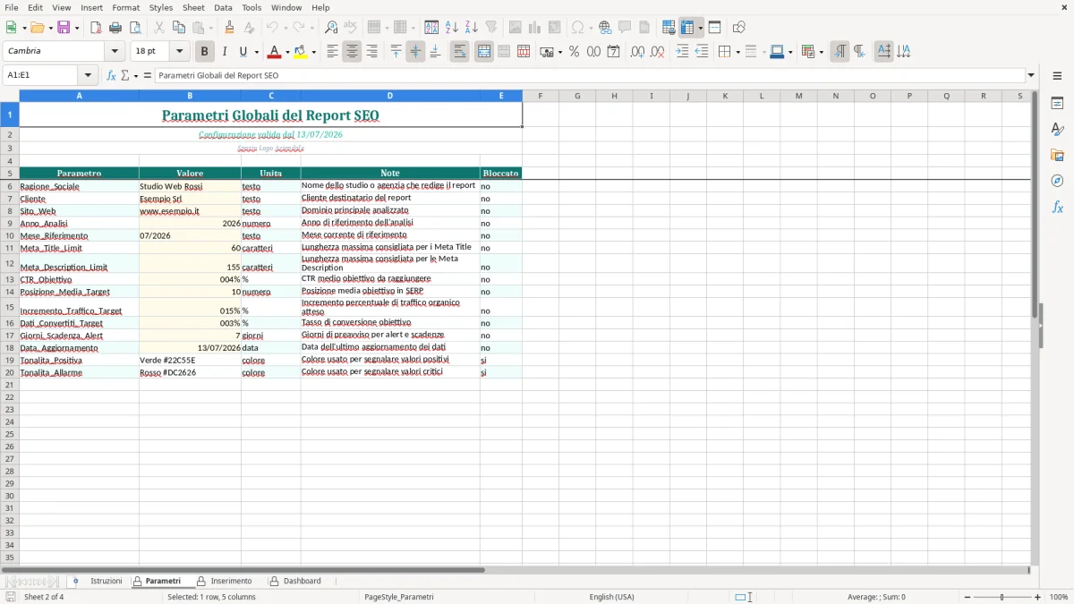 Screenshot 2: Foglio Parametri - Modello Excel report seo excel