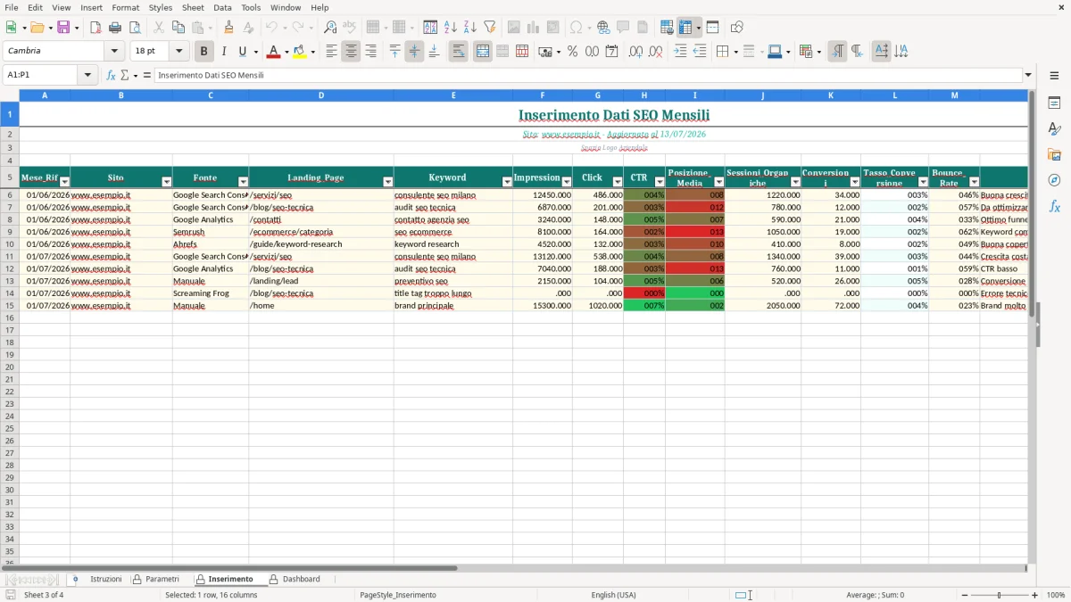 Screenshot 3: Foglio Inserimento - Modello Excel report seo excel