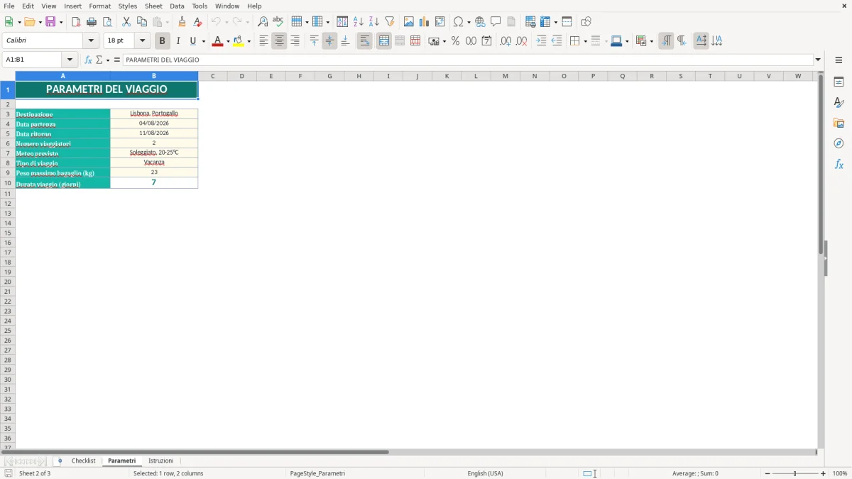 Anteprima del modello Excel checklist valigia excel — foglio Parametri (immagine 2)