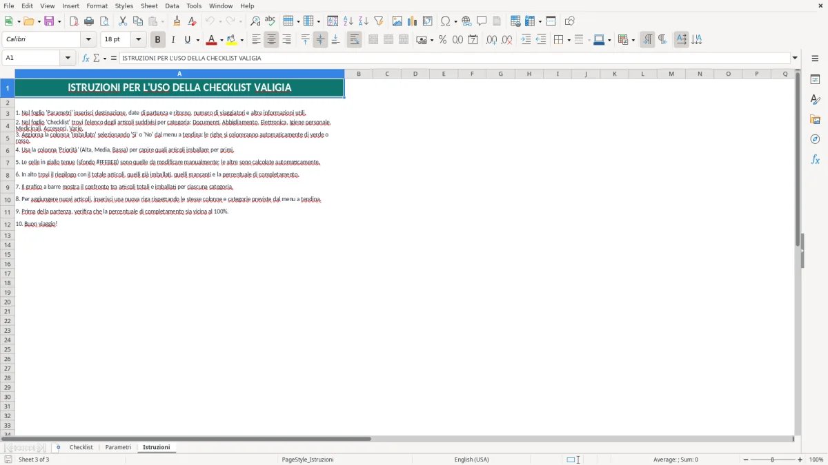 Anteprima del modello Excel checklist valigia excel — foglio Istruzioni (immagine 3)
