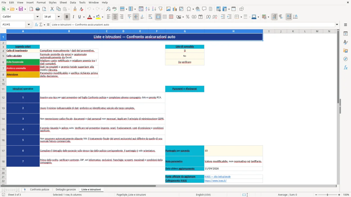 Anteprima del modello Excel confronto assicurazioni auto excel — foglio Liste e istruzioni (immagine 3)
