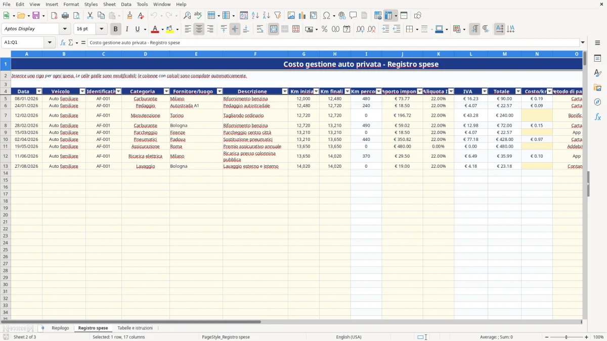 Anteprima del modello Excel costo gestione auto privata excel — foglio Registro spese (immagine 2)