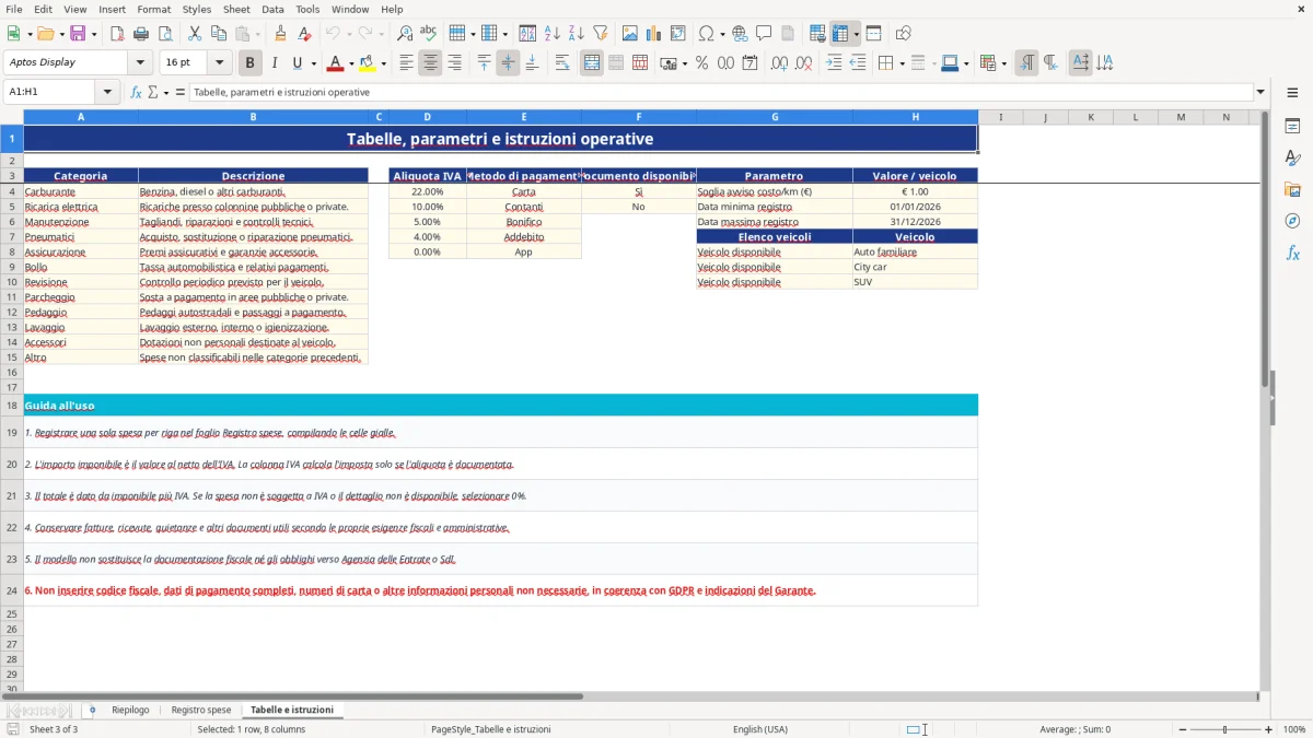 Anteprima del modello Excel costo gestione auto privata excel — foglio Tabelle e istruzioni (immagine 3)