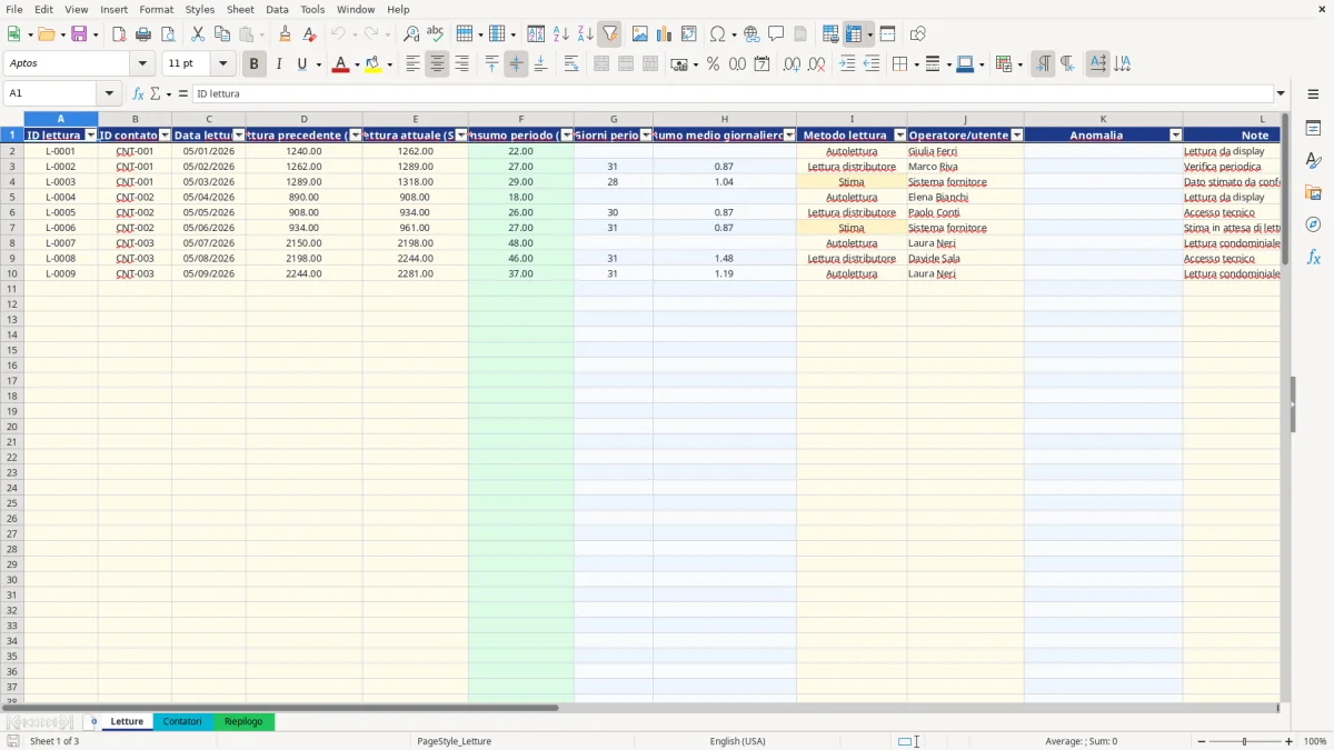 Anteprima del modello Excel lettura contatori gas excel — foglio Letture (immagine 1)