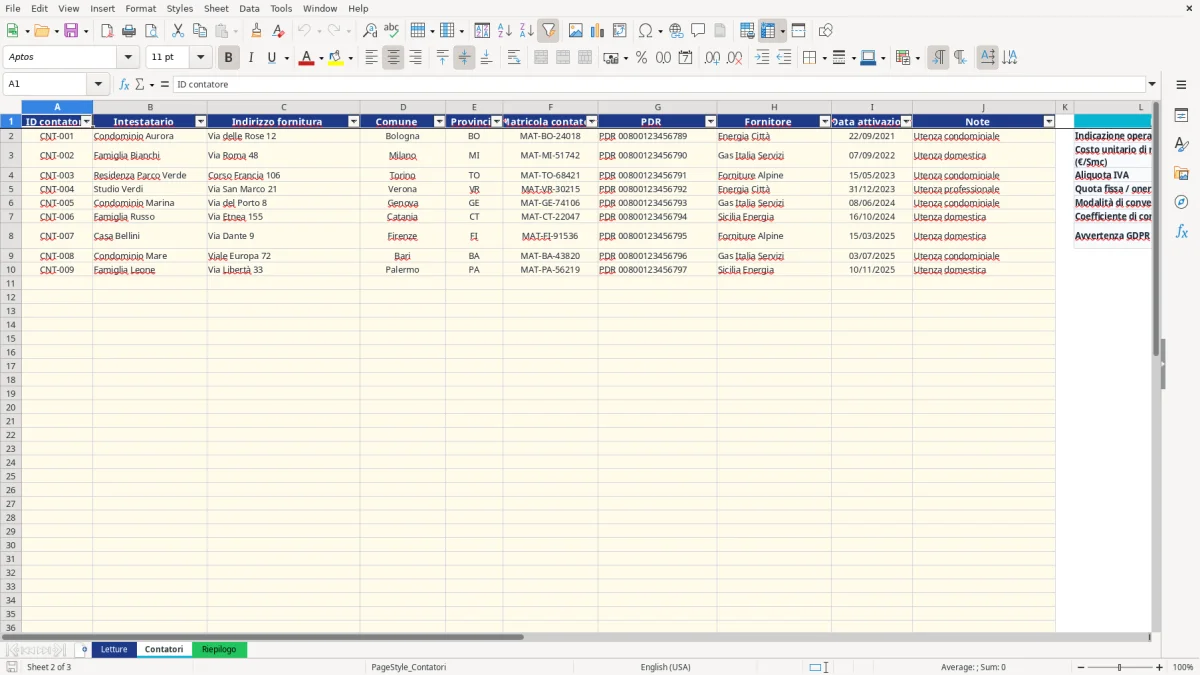 Anteprima del modello Excel lettura contatori gas excel — foglio Contatori (immagine 2)