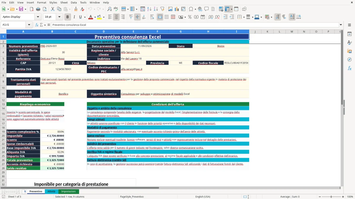 Anteprima del modello Excel preventivo consulenza excel — foglio Preventivo (immagine 1)