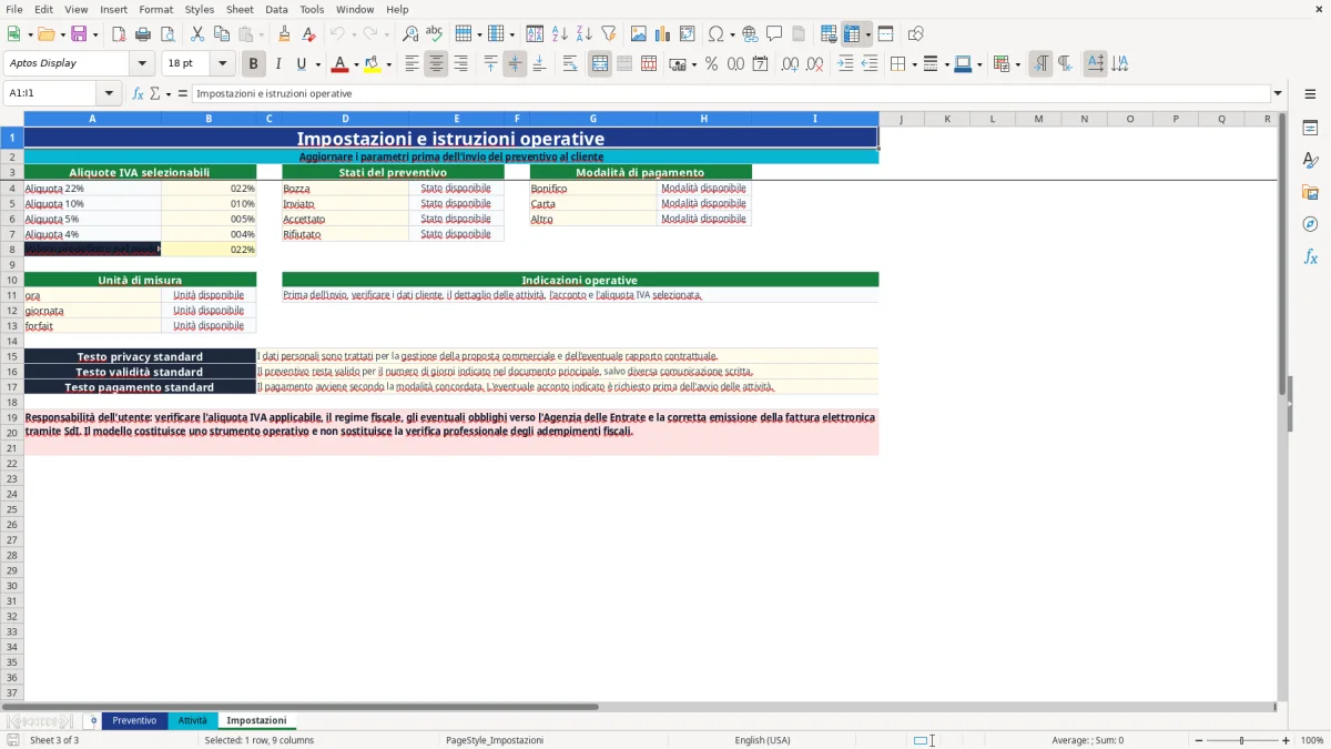 Anteprima del modello Excel preventivo consulenza excel — foglio Impostazioni (immagine 3)