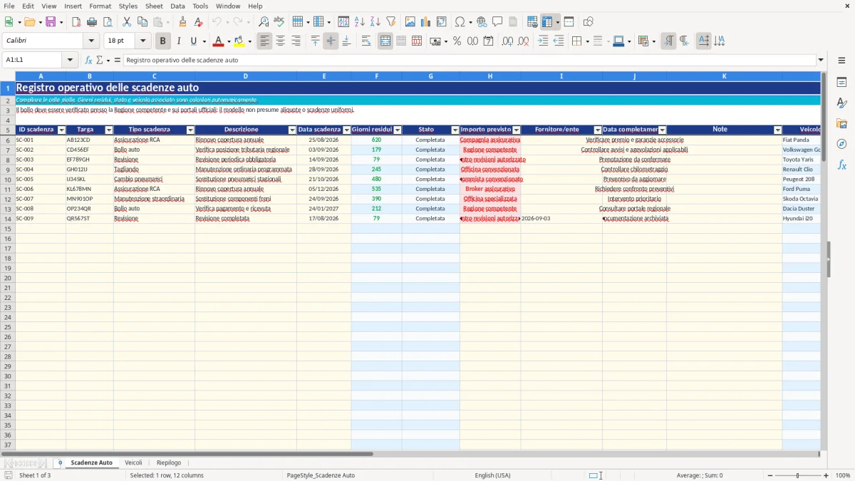 Anteprima del modello Excel scadenze auto excel — foglio Scadenze Auto (immagine 1)