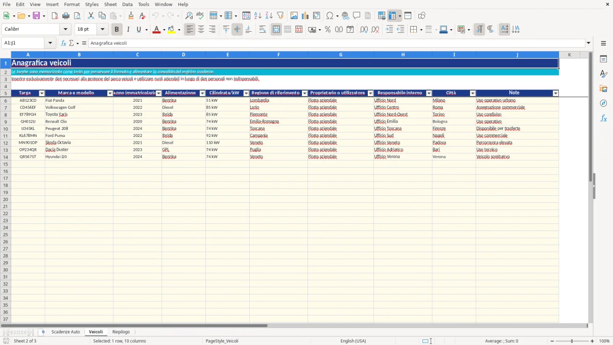 Anteprima del modello Excel scadenze auto excel — foglio Veicoli (immagine 2)