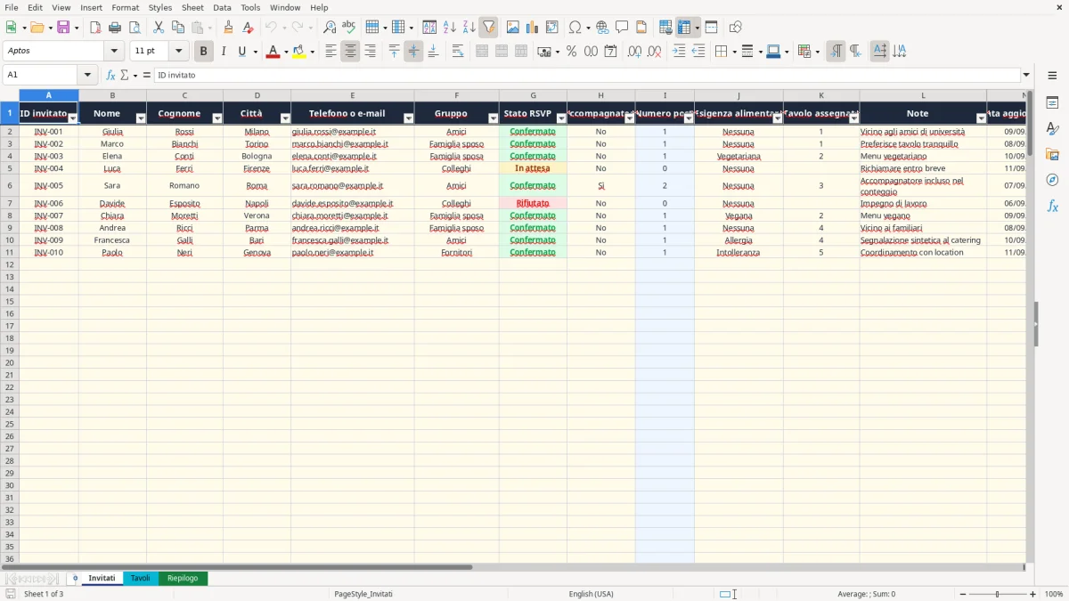 Anteprima del modello Excel tableau de mariage excel — foglio Invitati (immagine 1)