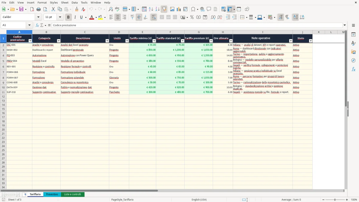 Anteprima del modello Excel tariffario freelance excel — foglio Tariffario (immagine 1)
