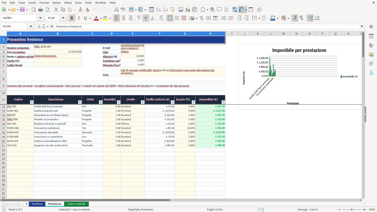 Anteprima del modello Excel tariffario freelance excel — foglio Preventivo (immagine 2)