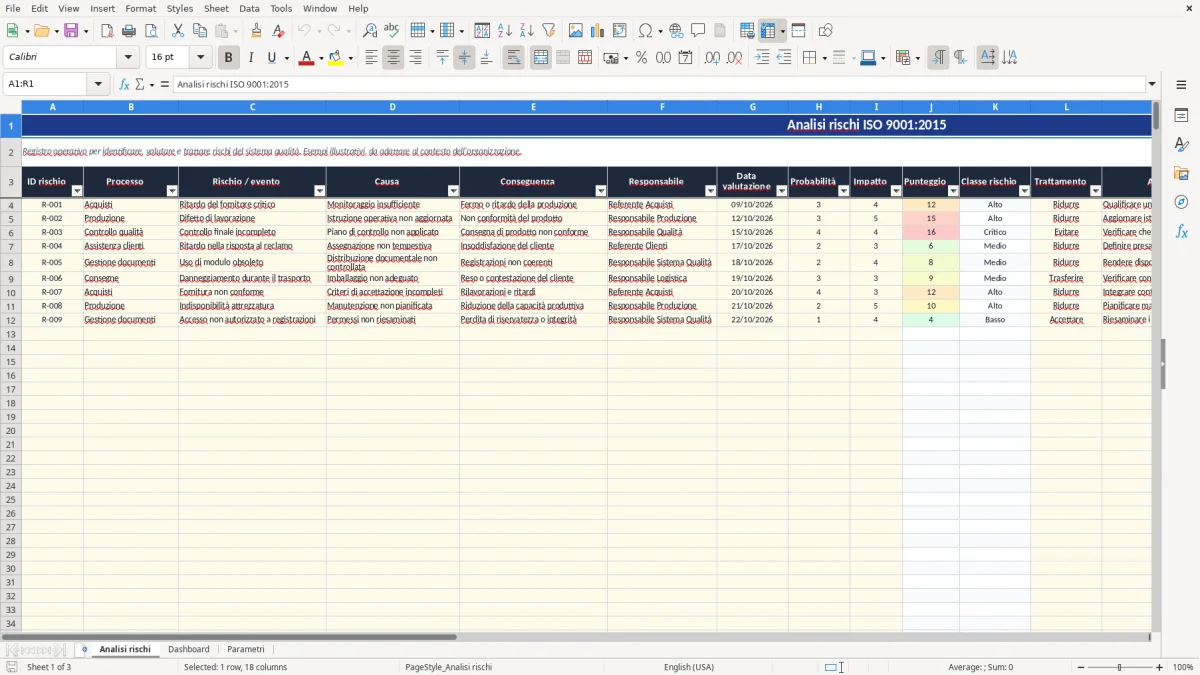 Anteprima del modello Excel analisi rischi ISO 9001 2015 excel — foglio Analisi rischi (immagine 1)